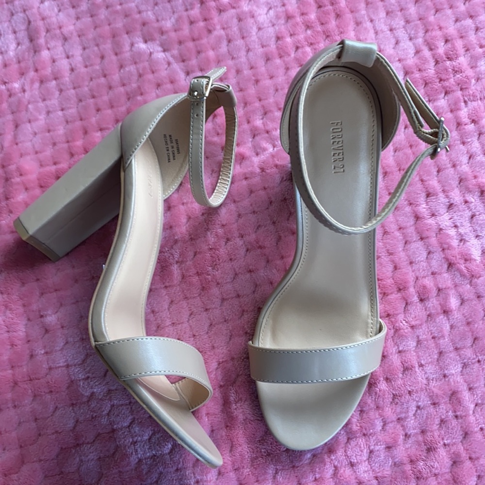 Tan Single Strap Block Heels